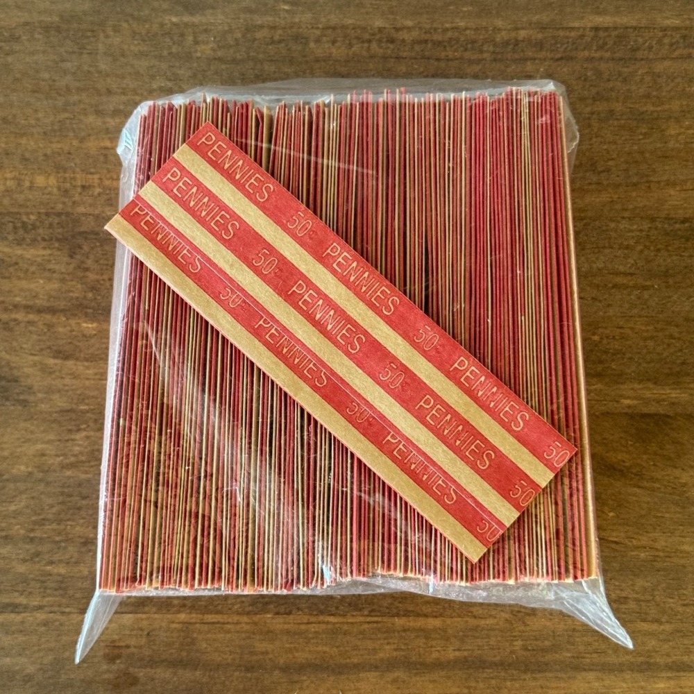 Vintage Flat Penny Coin Wrappers 100 Count Red Paper Rolls Bank Style NOS